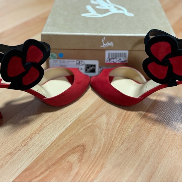 Christian Louboutin Red and Black Peep-Toe Heels - Picture 3 of 9